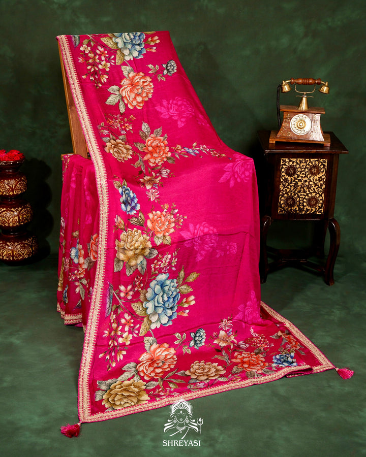 Floral Crepe Chiffon Saree with Embroidered Borders