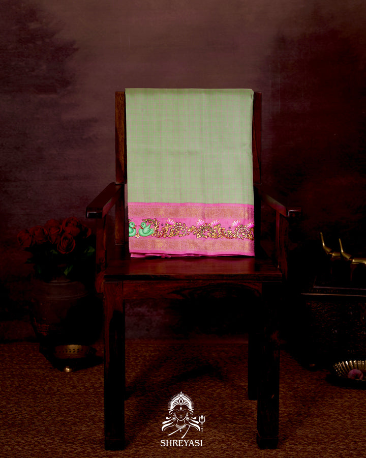 Handloom Pure Kanjivaram Silk Saree in Real Zari with Tanjore Annapakshi and Kamalam Artwork