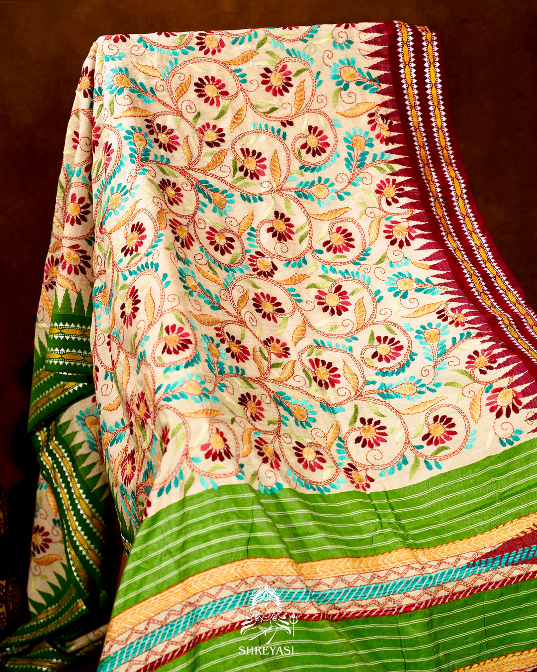 Handloom Pure Vidarbha Tussar Silk Saree with Karvati Kinar Border and Kantha Embroidery