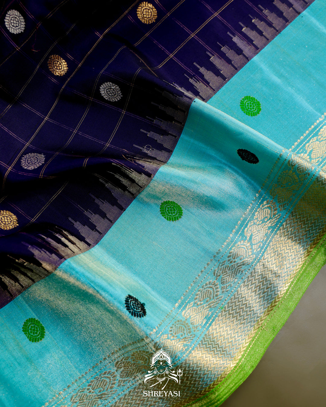 Handloom Pure Gadwal Silk Saree in Royal Blue with Aqua Tissue Borders
