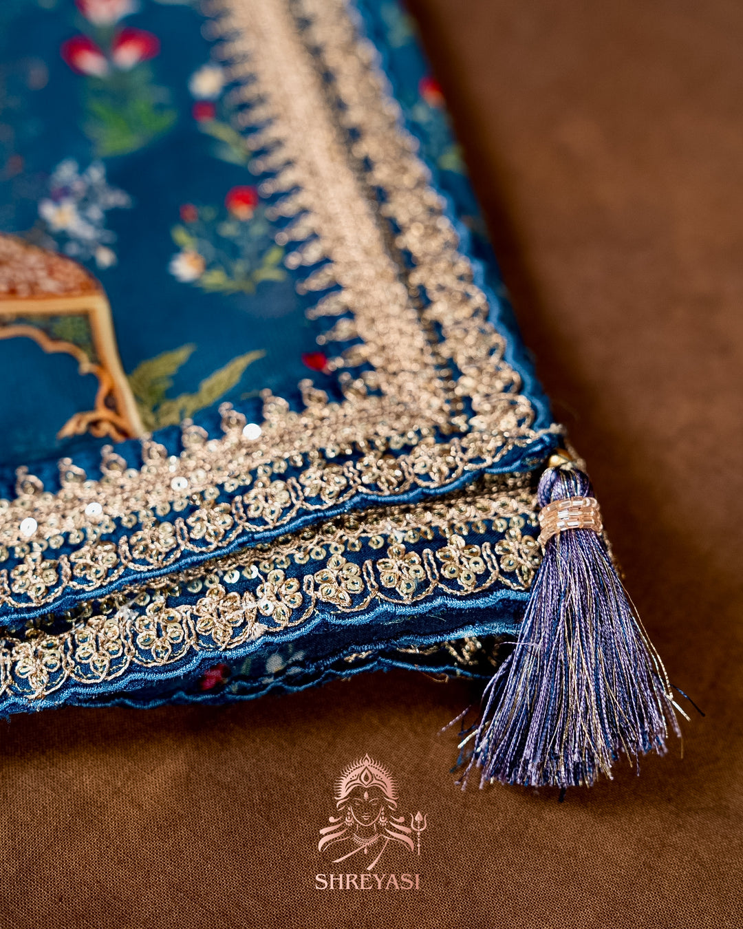 Mughal Garden Print Crepe Chinon Saree with Embroidered Border