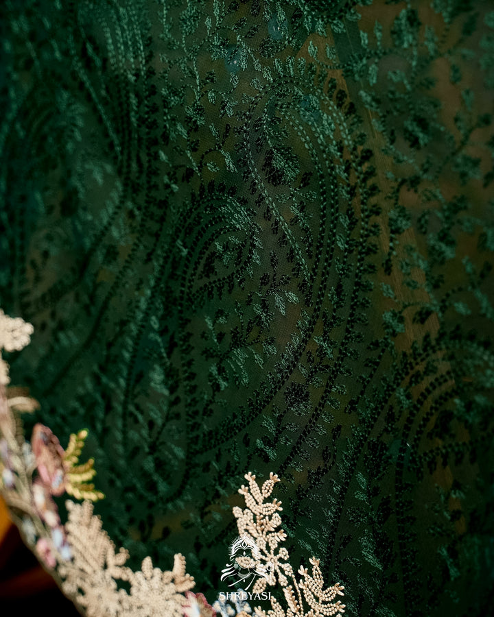 Premium Pure Georgette Chikankari Saree in Emerald Green with Embroidered Floral Borders