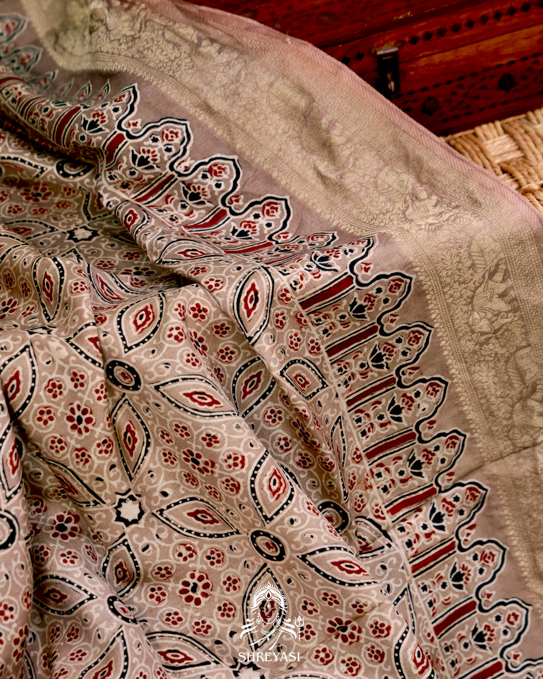 Hand Block Printed Ajrakh Dola Silk Saree with Zari Brocade Blouse