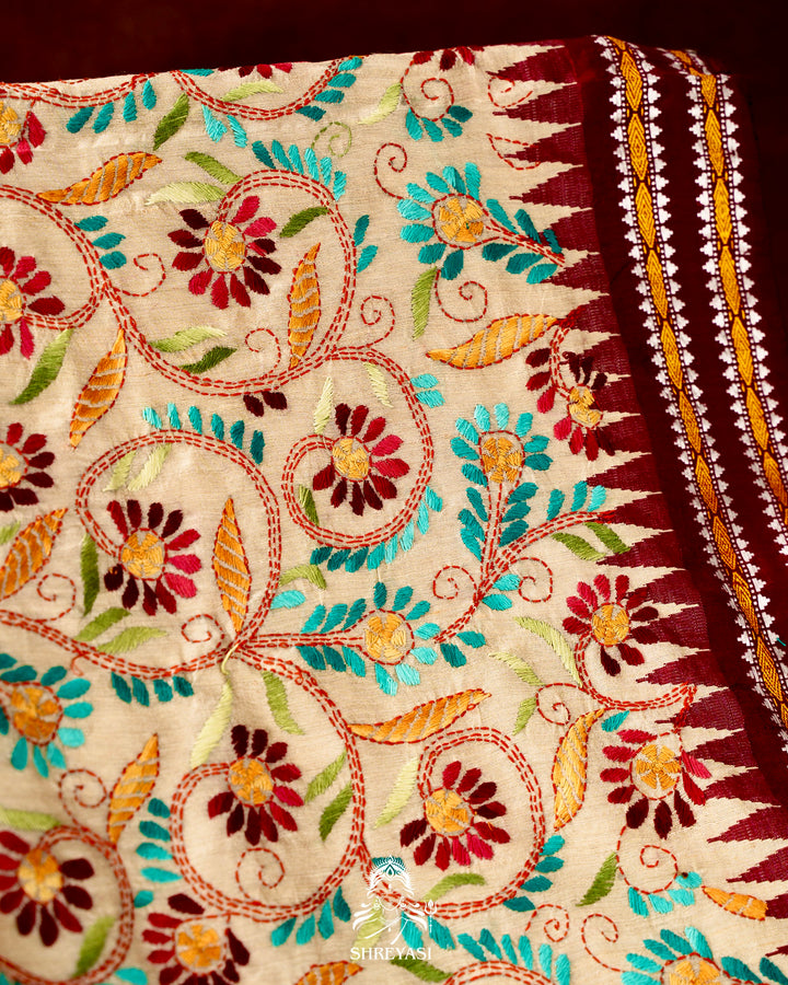 Handloom Pure Vidarbha Tussar Silk Saree with Karvati Kinar Border and Kantha Embroidery