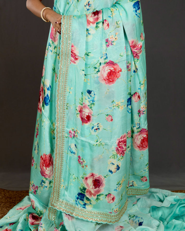 Pure Chinon Satin Saree with Floral Print and Embroidered Borders