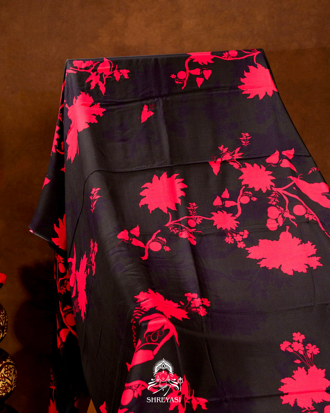 Pure Crepe Floral Saree in Black and Scarlet Red