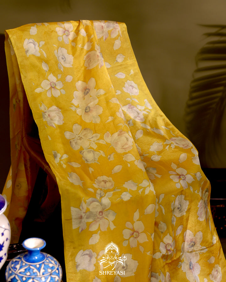 Yellow Floral Banarasi Ektara Tissue Silk Saree 