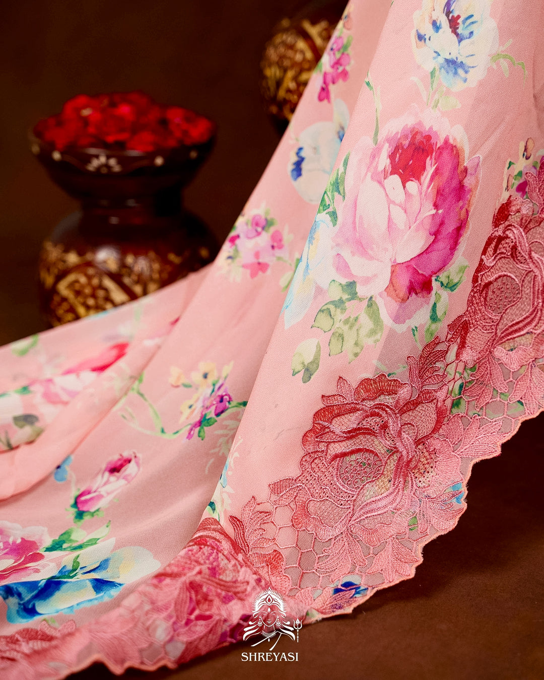 Pure Georgette Floral Saree with Chantilly Lace Embroidery Border