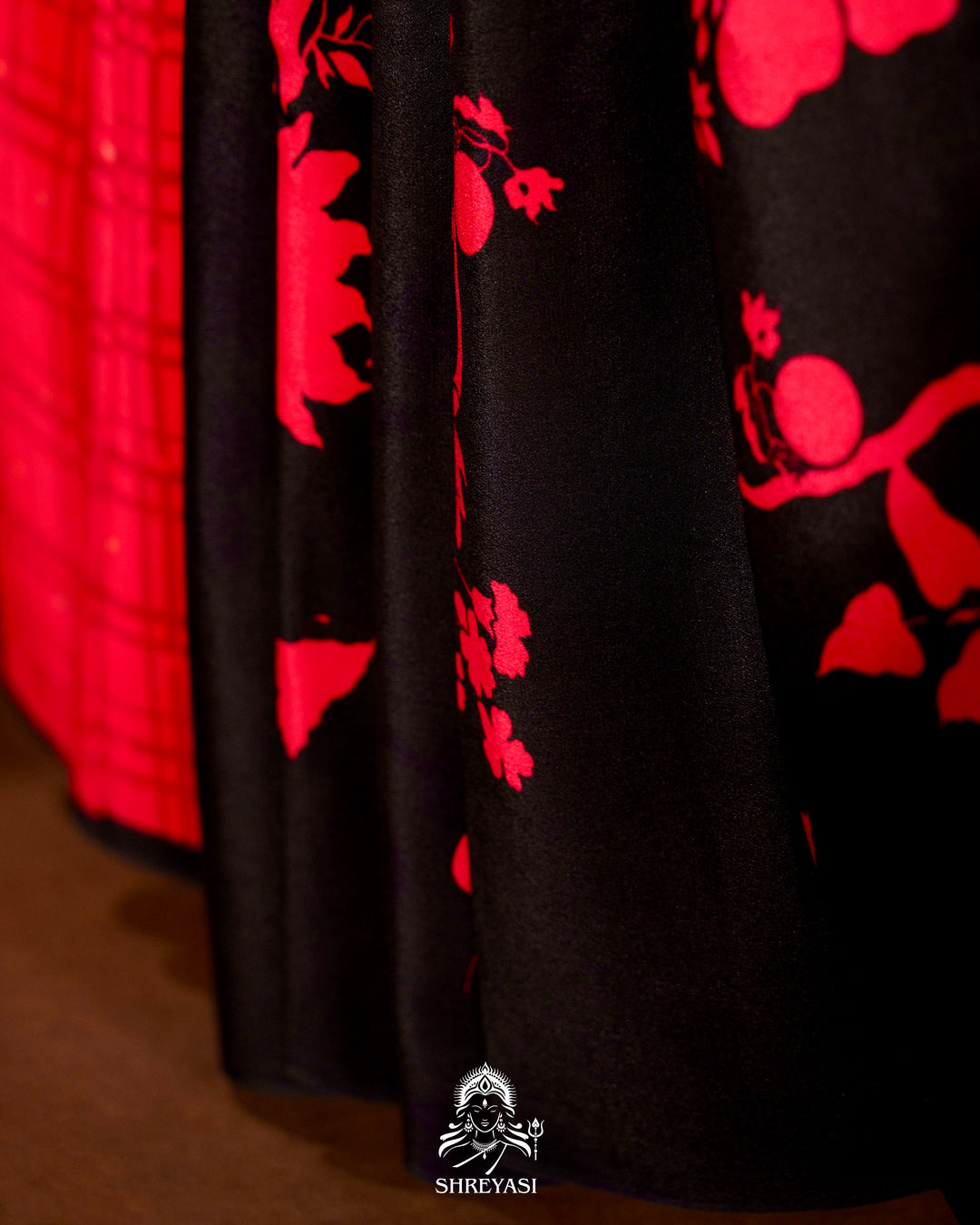Pure Crepe Floral Saree in Black and Scarlet Red