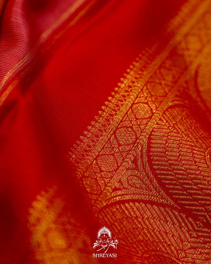 Handloom Pure Kanjivaram Silk Saree in Real Zari - Peach pink with Red and Orange Korvai Border