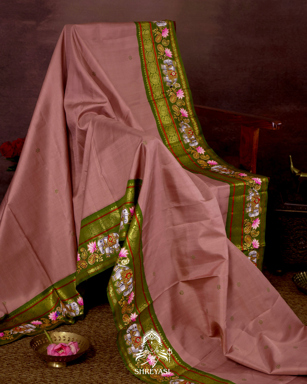 Handloom Pure Kanjivaram Silk Saree in Real Zari with Tanjore Yanai and Kamalam Artwork