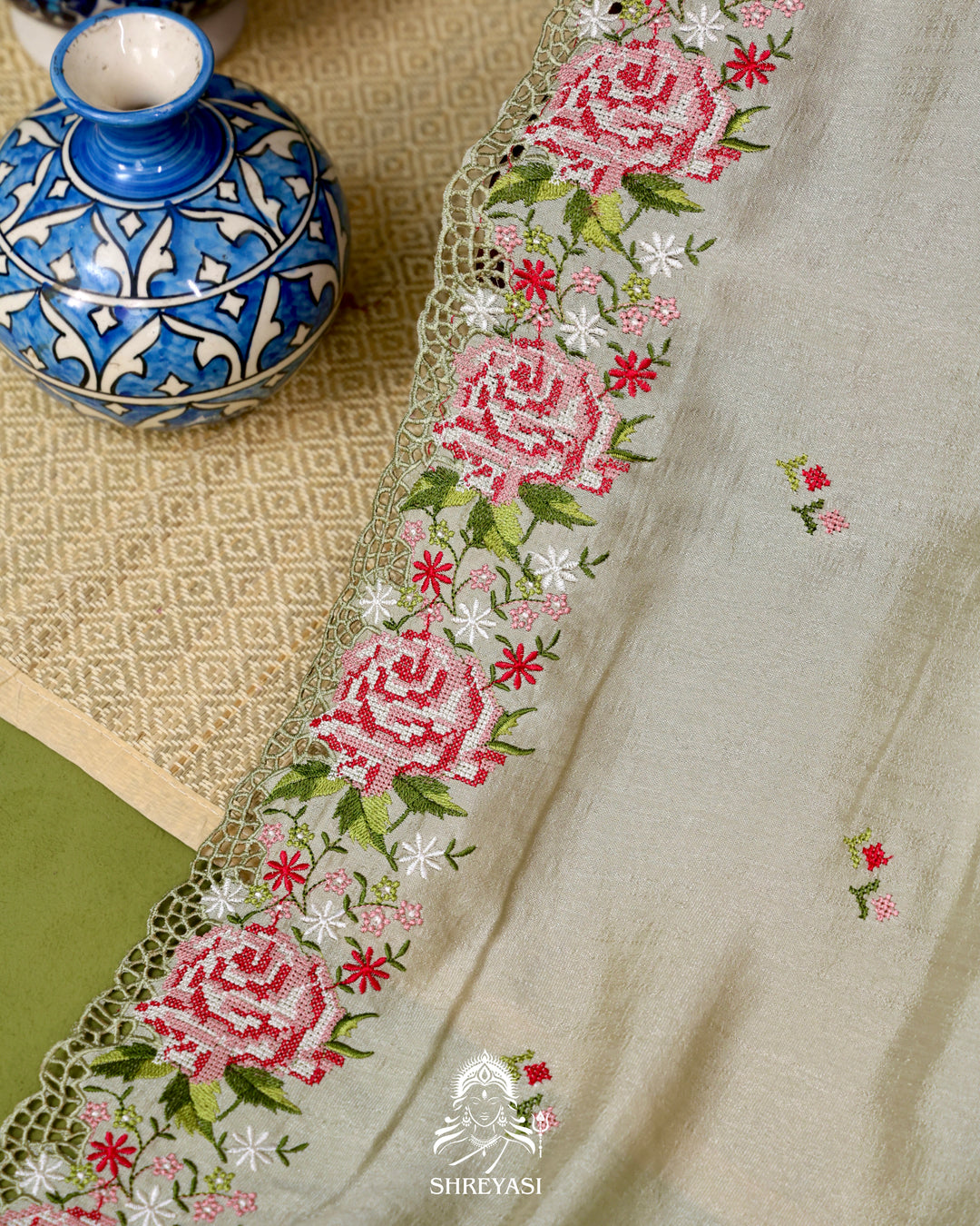 Tussar Silk Saree with Petit Point Embroidery
