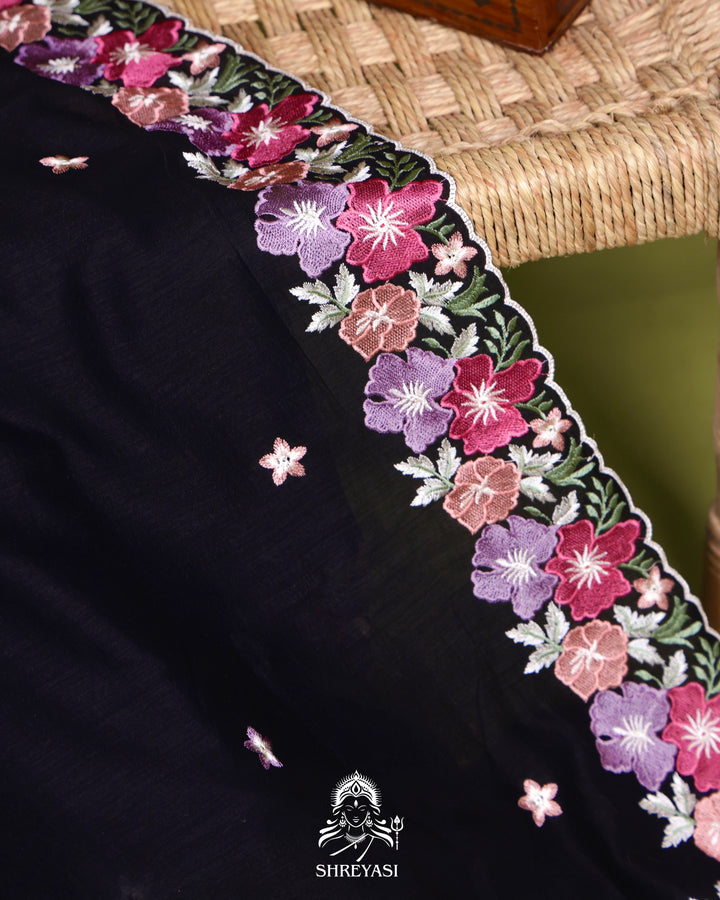 Tussar Silk Saree with Resham Floral Embroidery Border