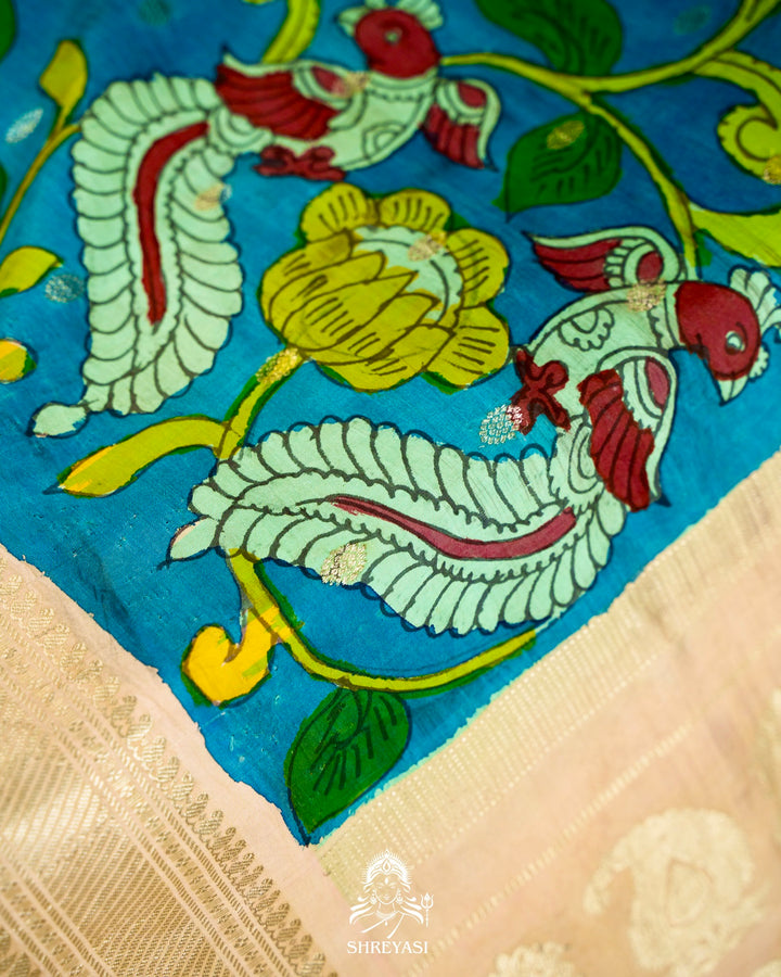Handloom Pure Gadwal Silk Saree with Hand Painted Pen Kalamkari and Silver Zari Borders