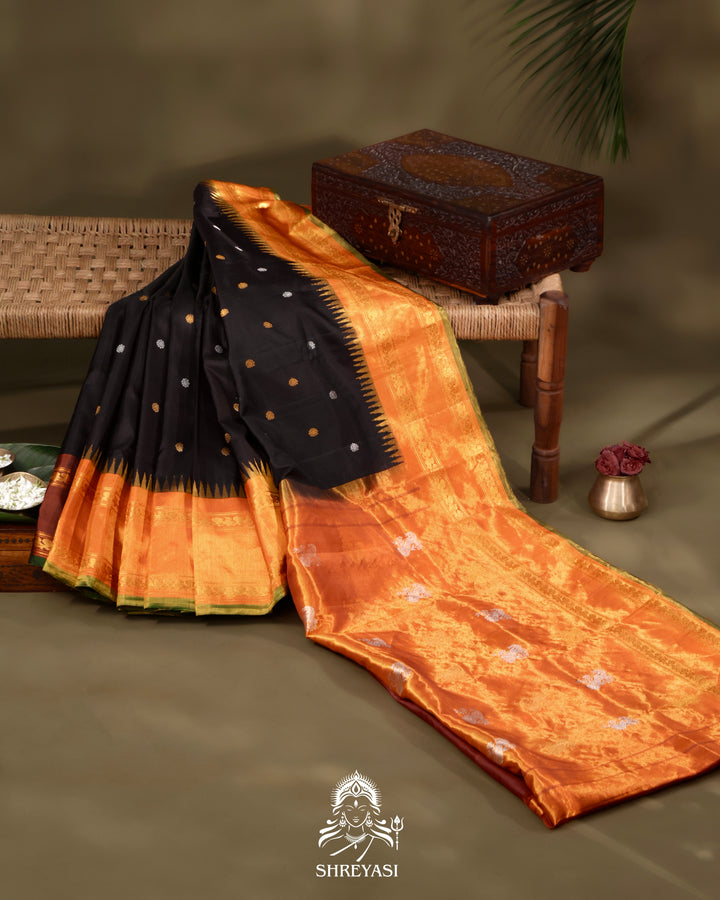 Tissue Gadwal Silk Saree with Kuttu Korvai Border and Contrast Silk Bhuti Blouse