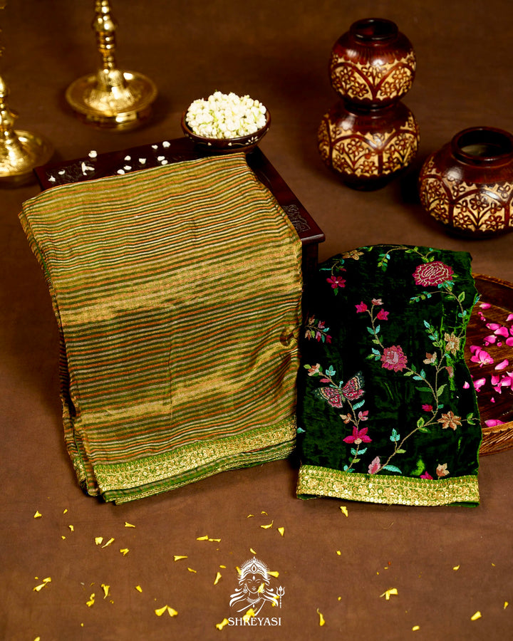 Banarasi Tissue Silk Saree with Embroidered Borders & Petit Point Embroidered Velvet Blouse
