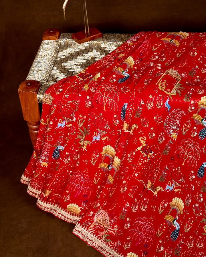 Mughal Garden Print Crepe Chinon Saree with Embroidered Border