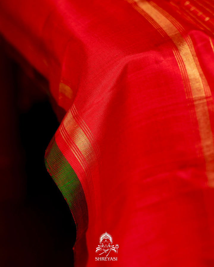 Handloom Pure Gadwal Silk Saree in Crimson Red with Gold Zari Checks