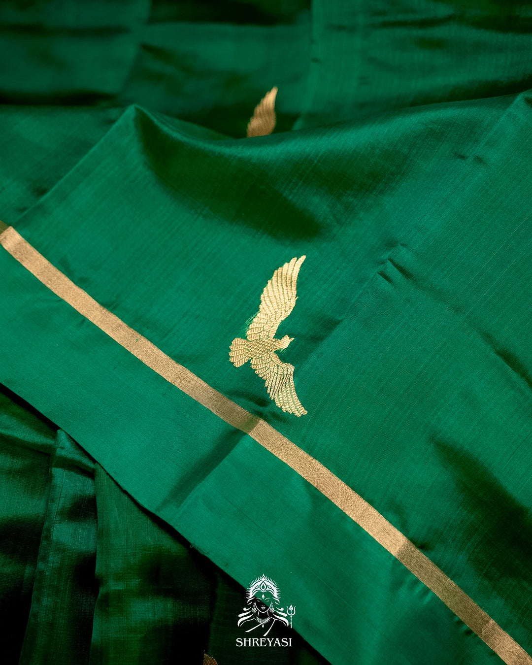 Handloom Pure Chanderi Pattu Silk Saree in Emerald Green with Bird Motifs