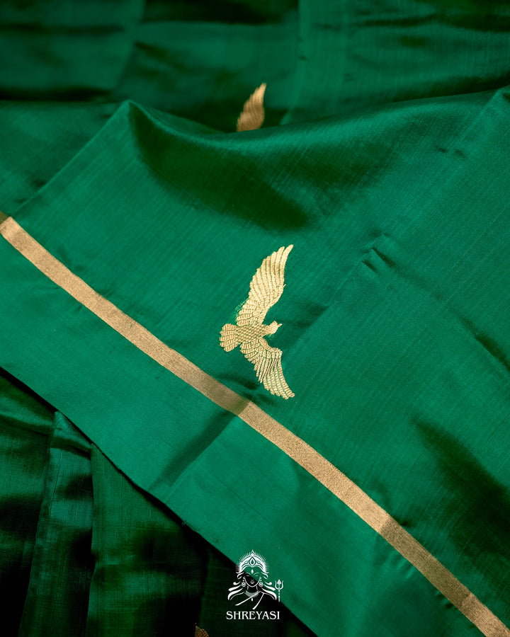 Handloom Pure Chanderi Pattu Silk Saree in Emerald Green with Bird Motifs