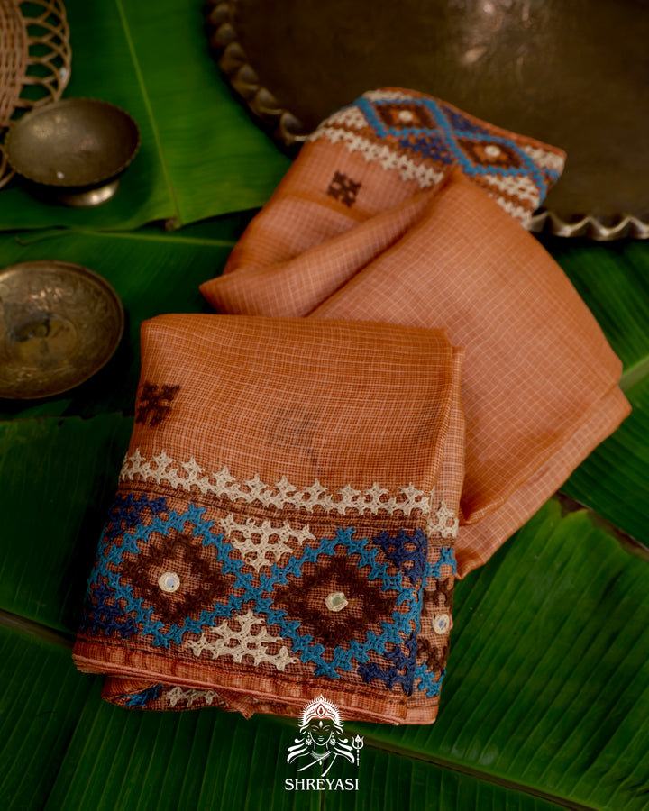 Handloom Pure Tussar Kota Saree with Kutch Hand Embroidery and Mirror Work