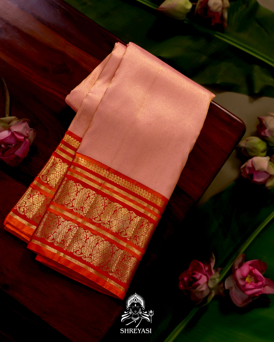 Handloom Pure Kanjivaram Silk Saree in Real Zari - Peach pink with Red and Orange Korvai Border
