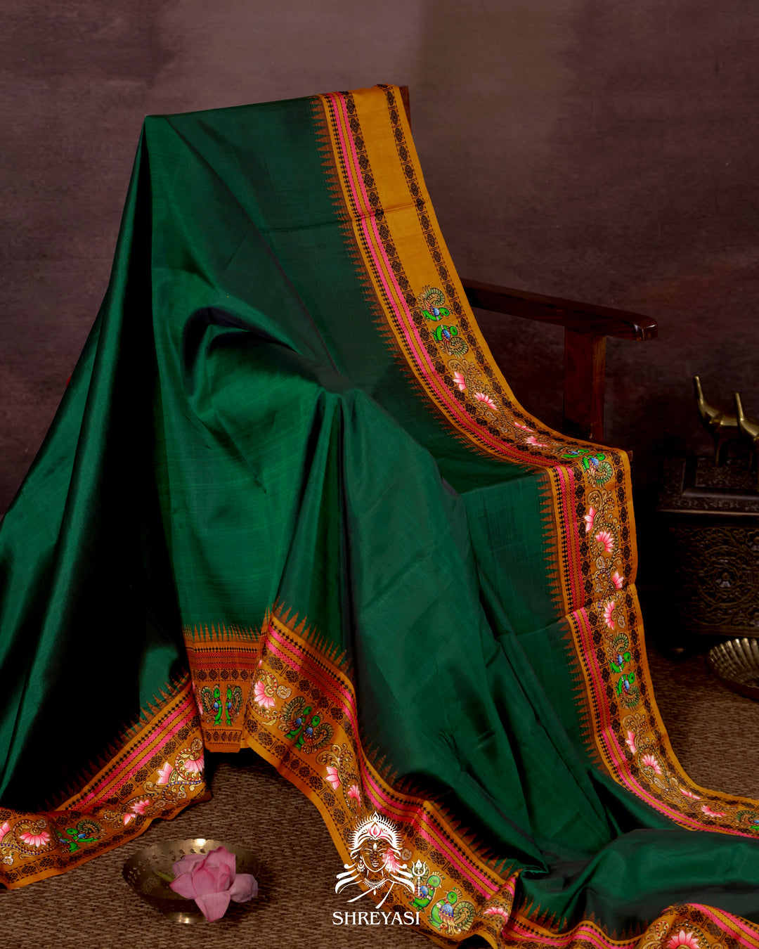 Handloom Pure Kanjivaram Silk Saree in Real Zari with Tanjore Mayil and Kamalam Artwork