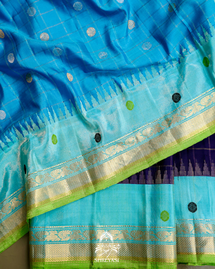 Handloom Pure Gadwal Silk Saree in Royal Blue with Aqua Tissue Borders