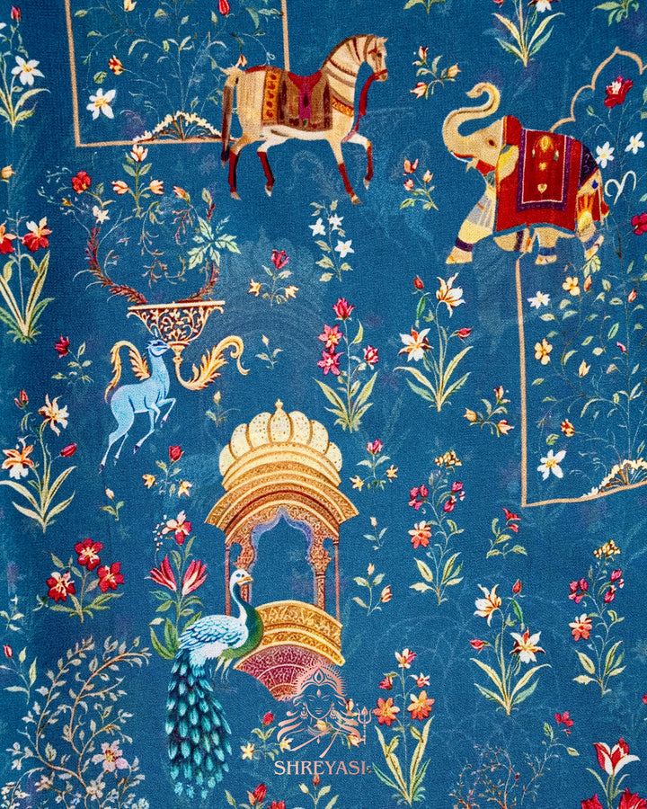 Mughal Garden Print Crepe Chinon Saree with Embroidered Border