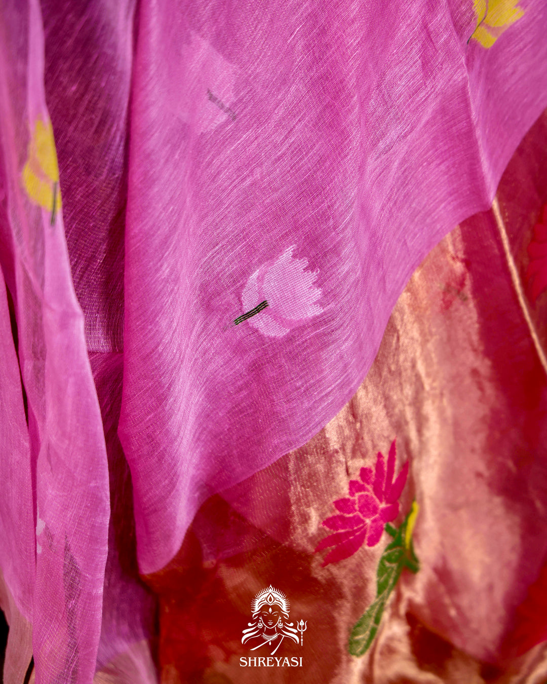 Handloom Silk Linen Jamdani Saree with Tissue Paithani Pallu