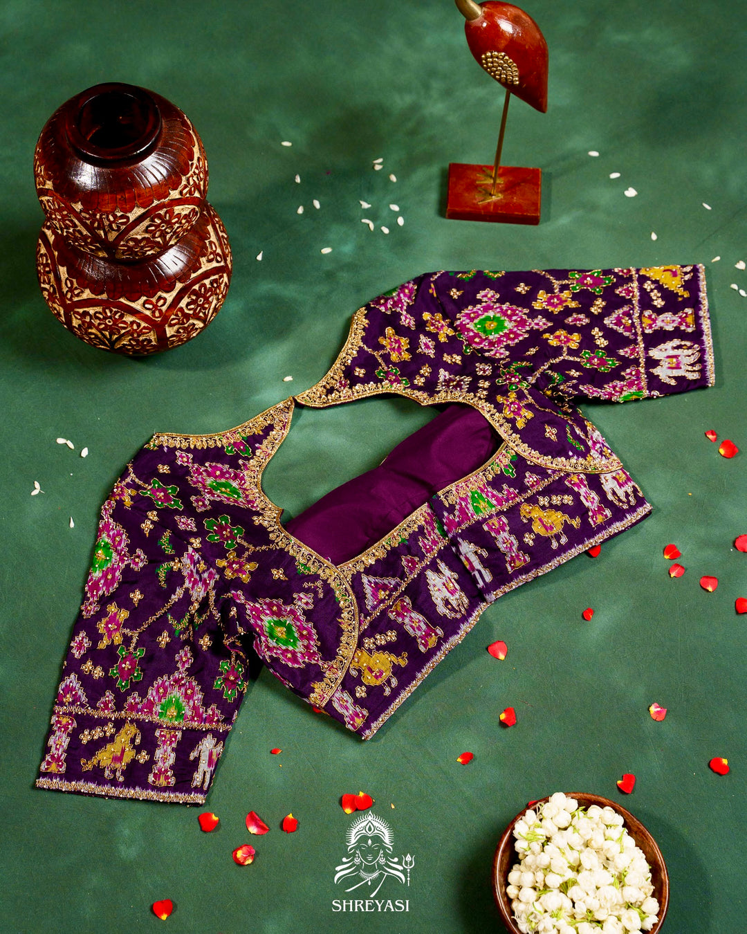 Handloom Pure Single Ikat Rajkot Patola Silk Blouse with Rich Hand Embroidery