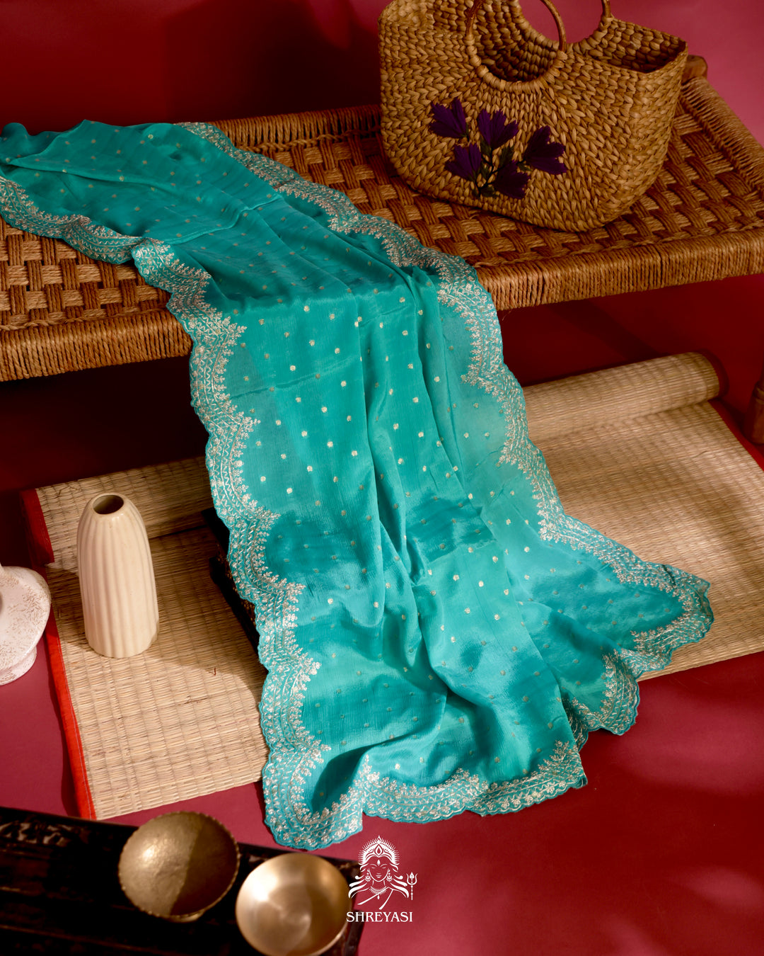 Embroidered Crepe Satin Saree with Patola Paithani Blouse