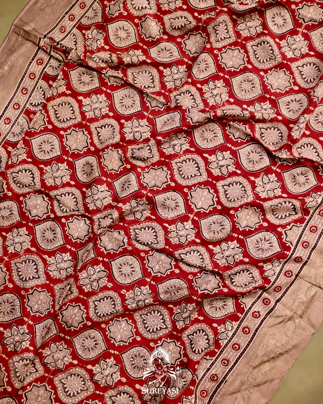 Hand Block Printed Ajrakh Dola Silk Saree with Zari Brocade Blouse