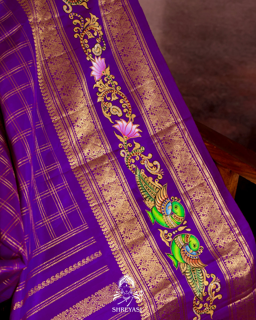 Handloom Pure Kanjivaram Silk Saree in Real Zari with Tanjore Kili and Kamalam Artwork