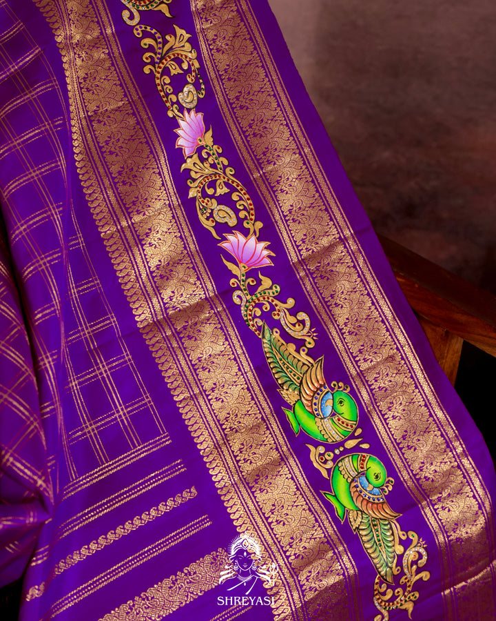Handloom Pure Kanjivaram Silk Saree in Real Zari with Tanjore Kili and Kamalam Artwork