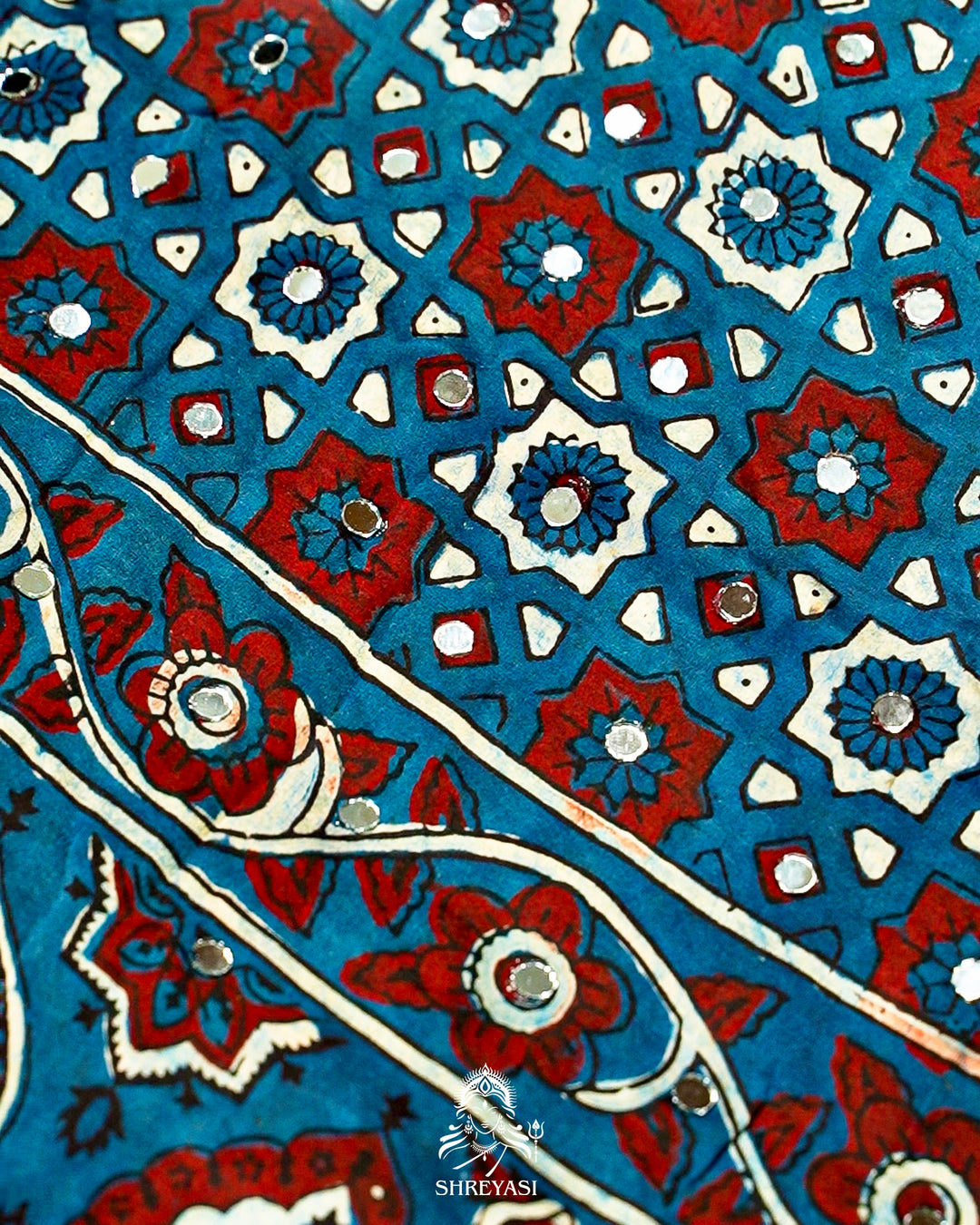 Mirror Work Pure Modal Silk Ajrakh Hand Block Printed Saree | Naturally Dyed Artisan Collection