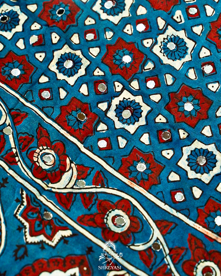 Mirror Work Pure Modal Silk Ajrakh Hand Block Printed Saree | Naturally Dyed Artisan Collection