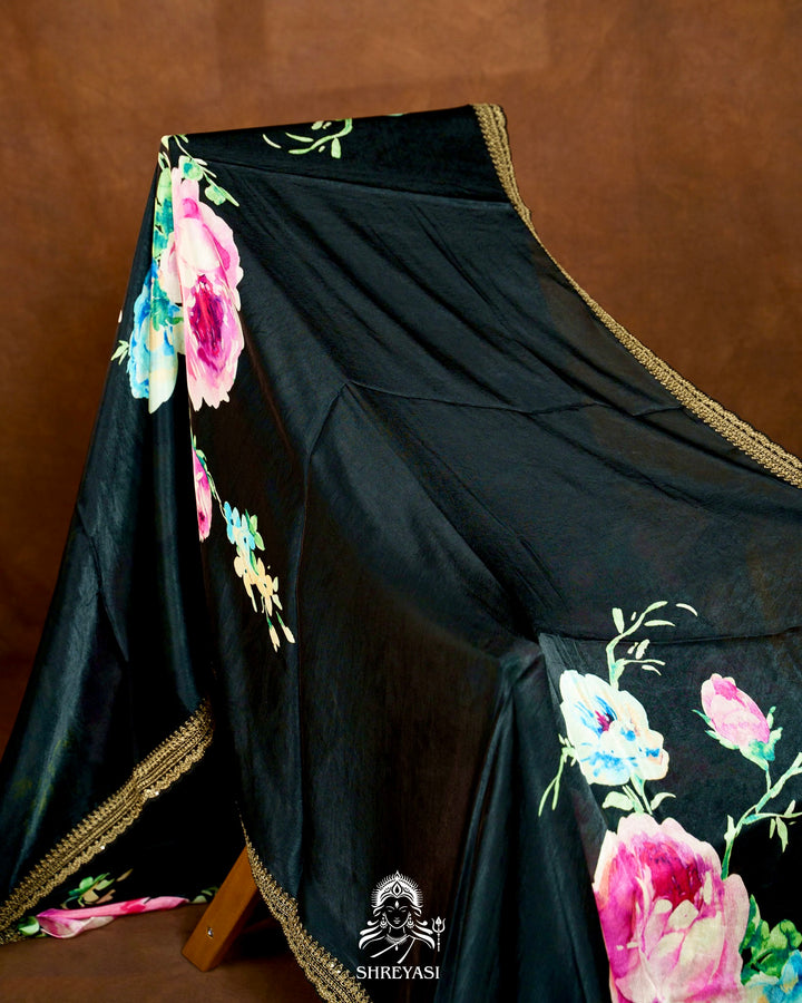 Pure Chinon Satin Saree with Floral Print and Embroidered Borders