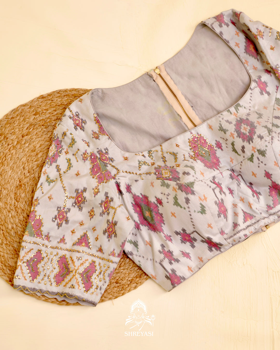 Rajkot Patola single ikat silk blouse with geometric motifs and pita embroidery