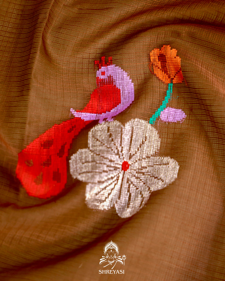 Zari Kota Silk Saree with Bird Motifs and Contrast Turquoise Blouse
