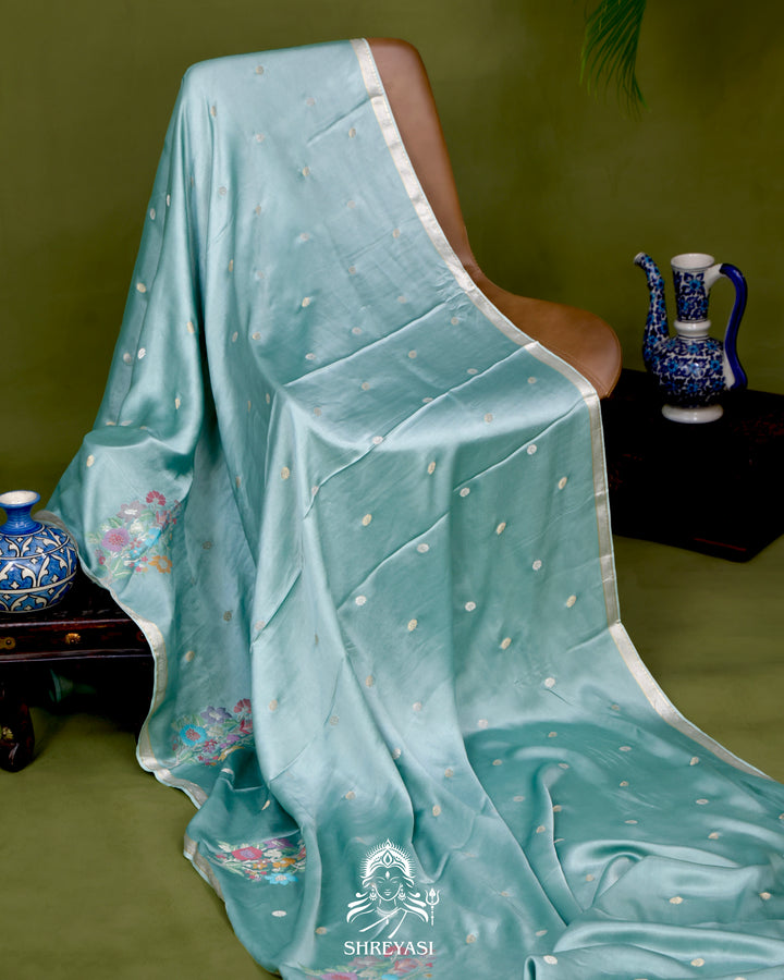 Handloom Pure Mashru Silk Saree with Sona Rupa Meenakari Bhutis and Nakshi Pallu