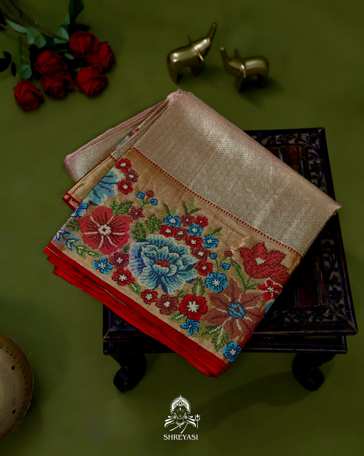 Handloom Pure Kanjivaram Tissue Silk Saree with Petit Point Embroidered Borders