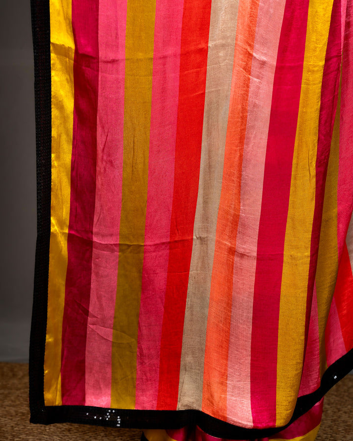 Pure Chinon Satin Saree with Multicolor Stripes and Sequin Border with Sequin Blouse