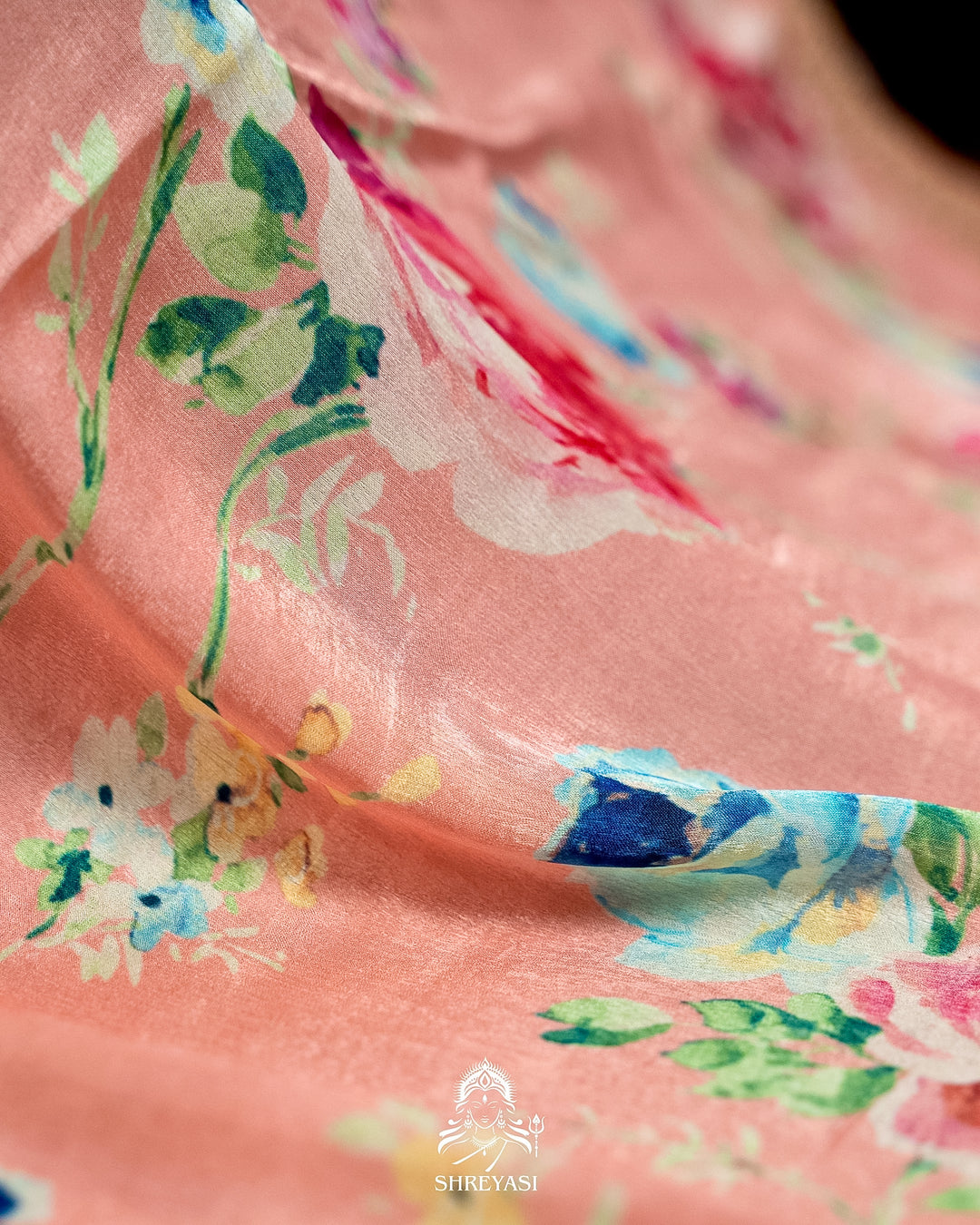 Pure Chinon Satin Saree with Floral Print & Embroidered Scallop Borders