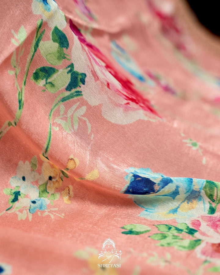 Pure Chinon Satin Saree with Floral Print & Embroidered Scallop Borders