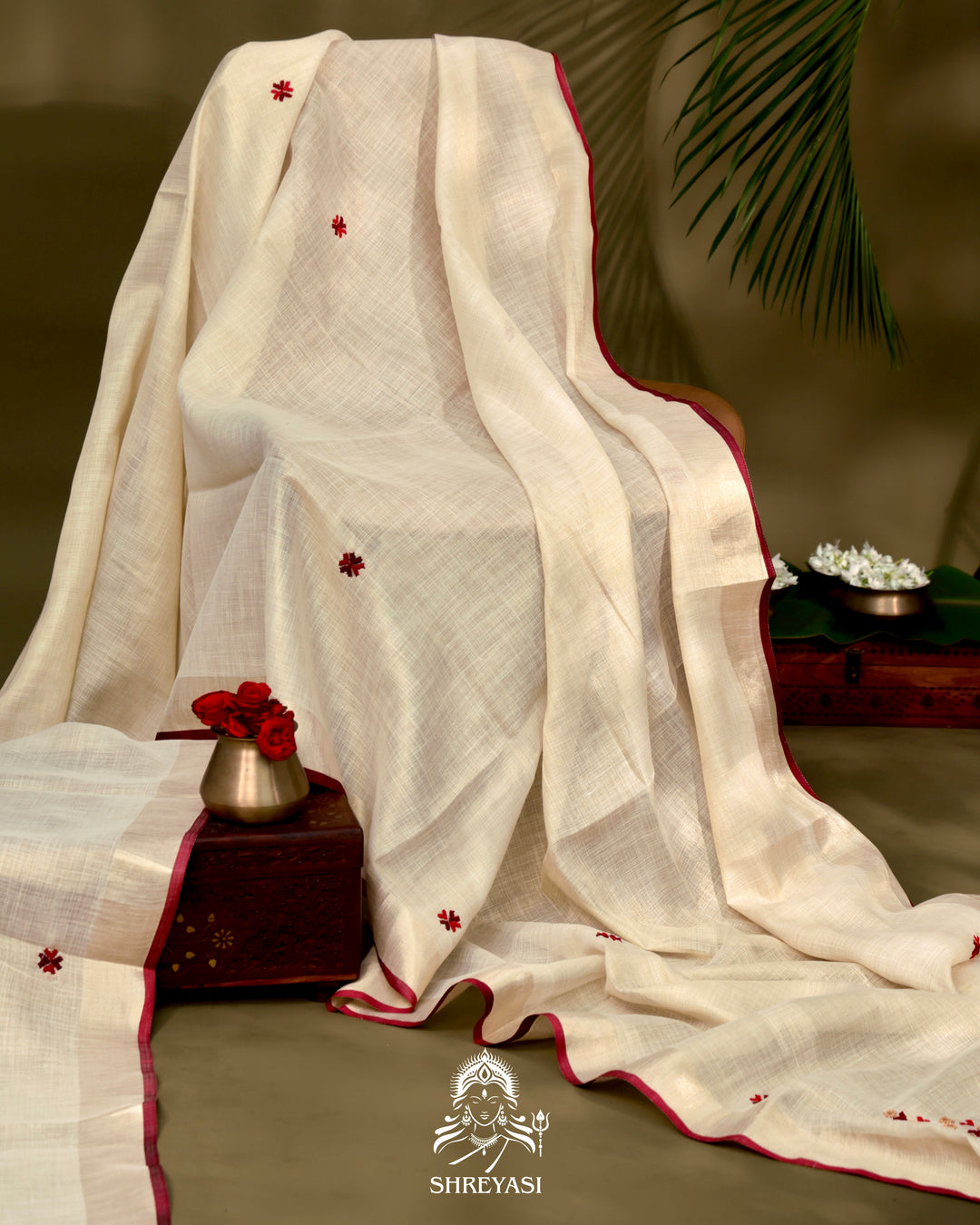 Bengal Linen Tissue Saree with Kathiyawadi Mirror Embroidery