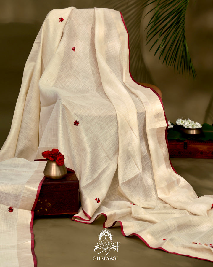 Bengal Linen Tissue Saree with Kathiyawadi Mirror Embroidery