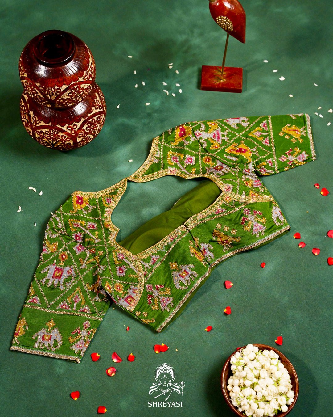 Handloom Pure Single Ikat Rajkot Patola Silk Blouse with Rich Hand Embroidery