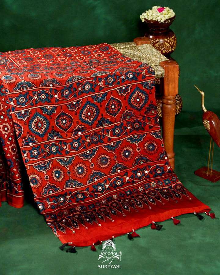 Mirror Work Pure Modal Silk Ajrakh Hand Block Printed Saree | Naturally Dyed Artisan Collection