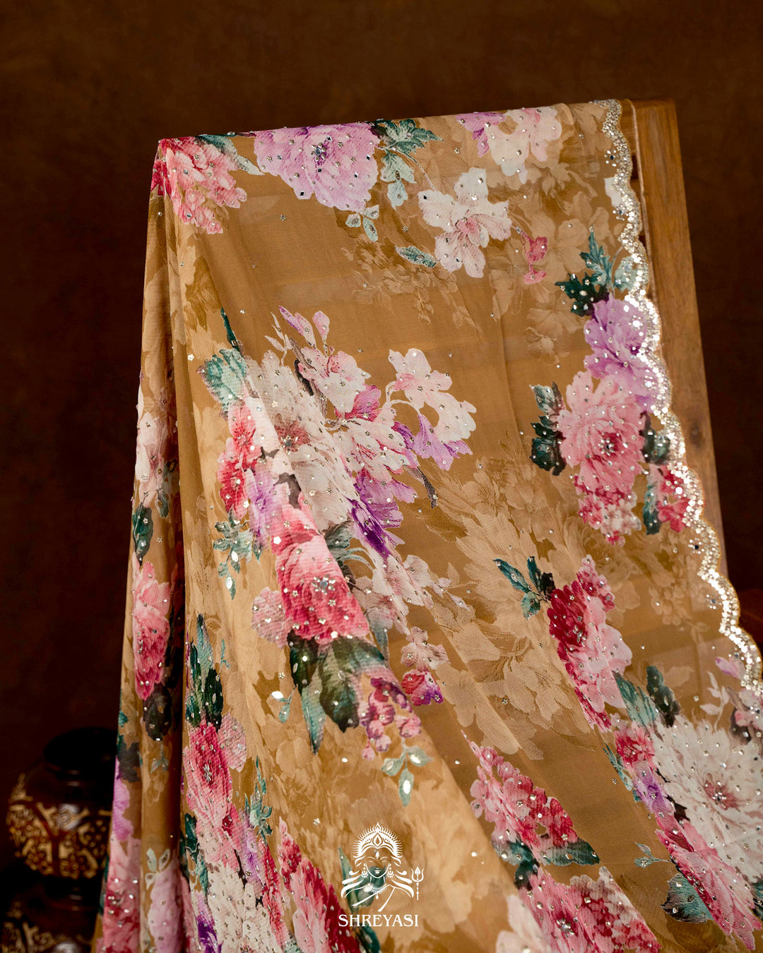 Hand Embellished Pure Georgette Floral Saree in Mocha Beige